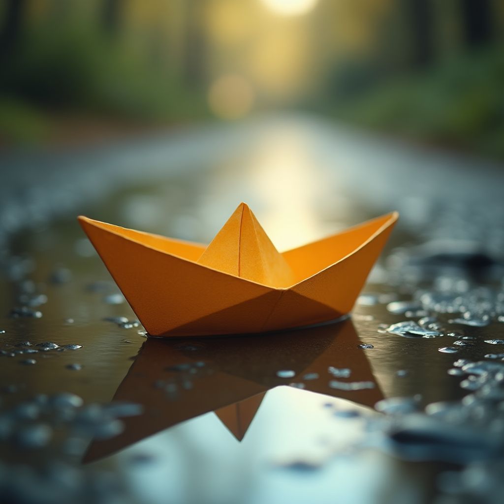 A paper boat floating in a rain puddle, close up, soft painterly style, warm light, dreamy