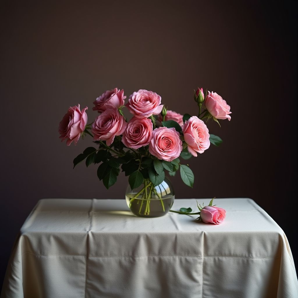 Old roses on a linen tablecloth at dusk, muted pink and plum, still life