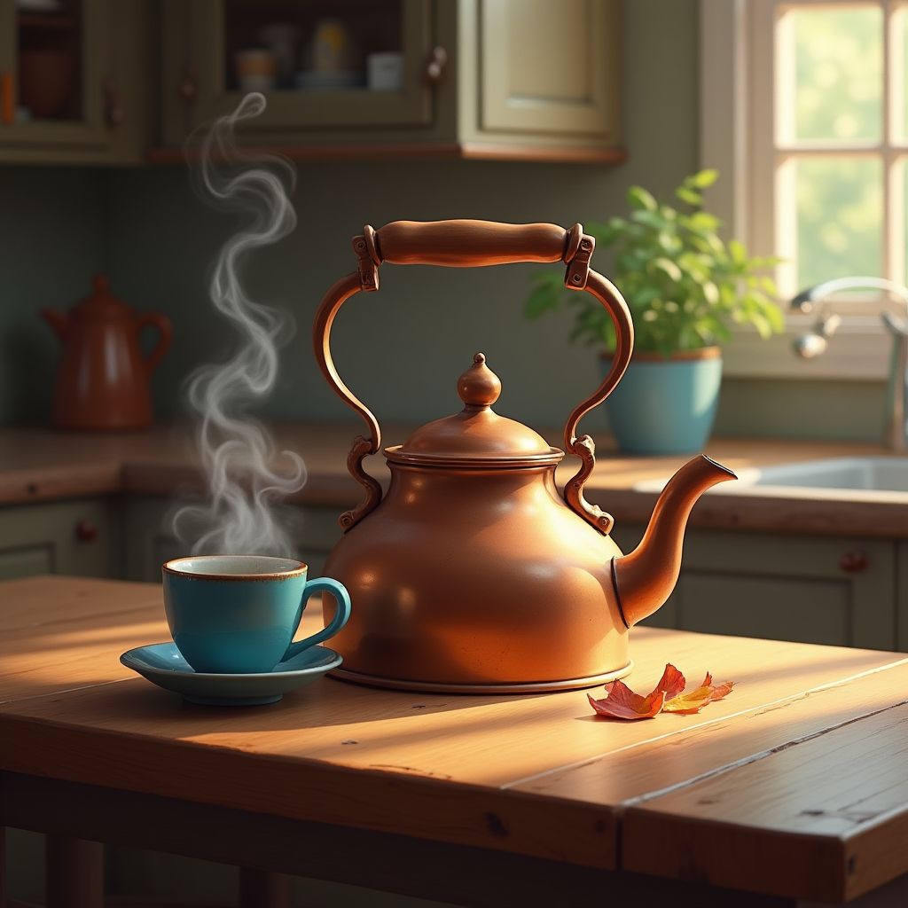 A copper kettle on a wooden table beside a blue ceramic cup, steam rising, warm kitchen light, painterly