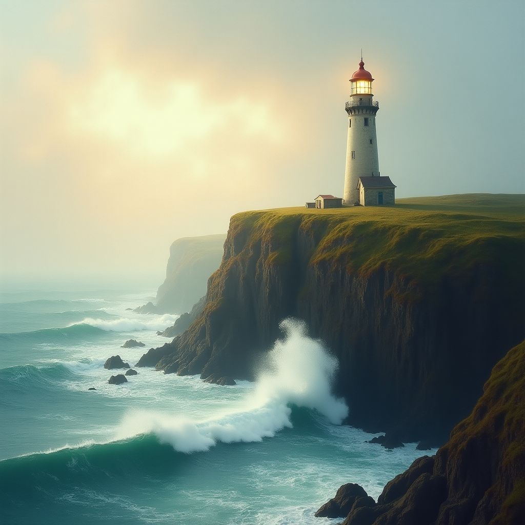 An old lighthouse on a cliff edge, waves breaking below, soft painterly style, warm light, dreamy