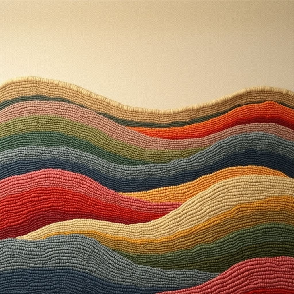 A tapestry loom with a half-woven landscape of hills, soft painterly style, warm light, dreamy