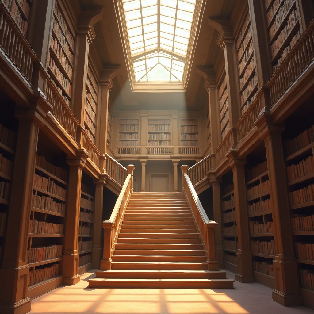A grand library staircase with tall shelves and a skylight, soft painterly style, warm light, dreamy