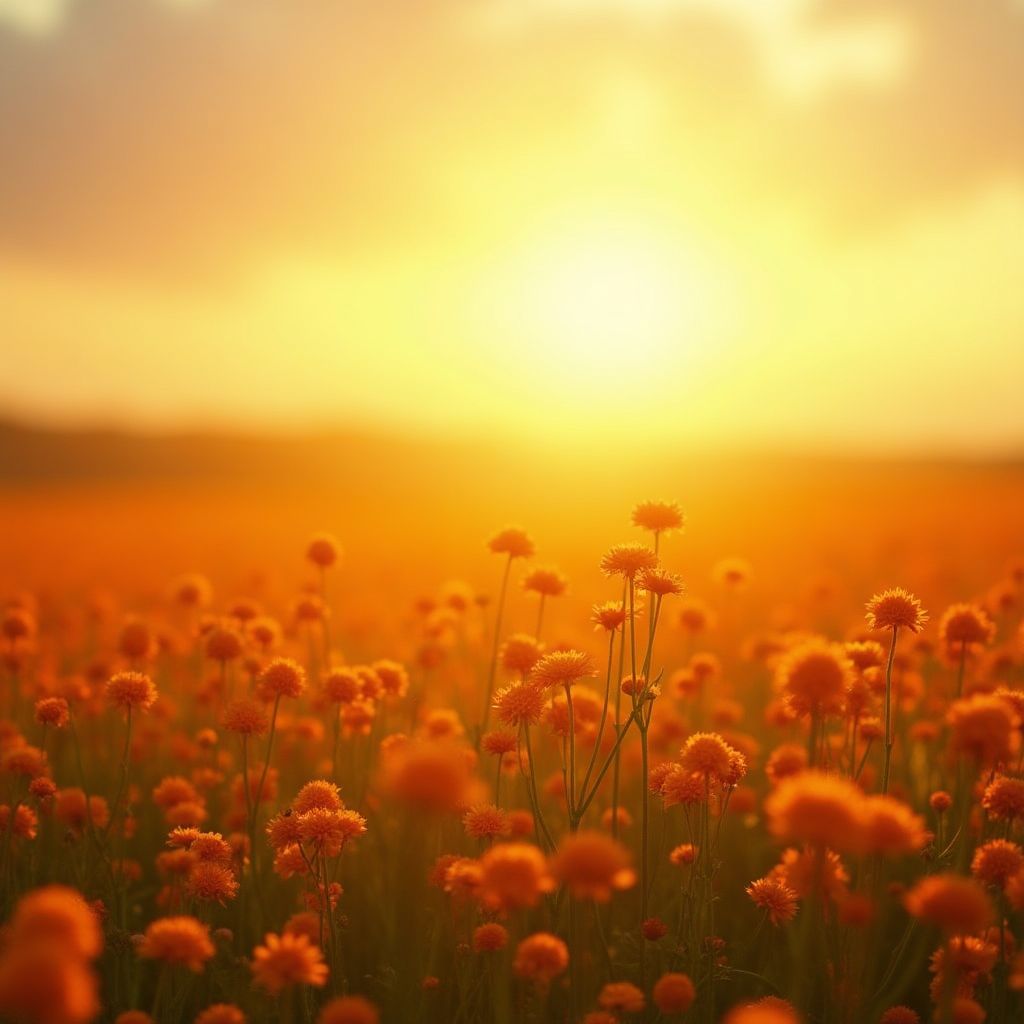 Saffron flowers field at golden hour, warm haze, painterly