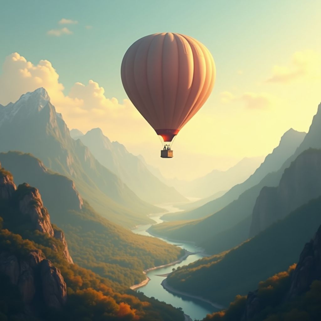 A hot-air balloon drifting over a mountain valley, soft painterly style, warm light, dreamy