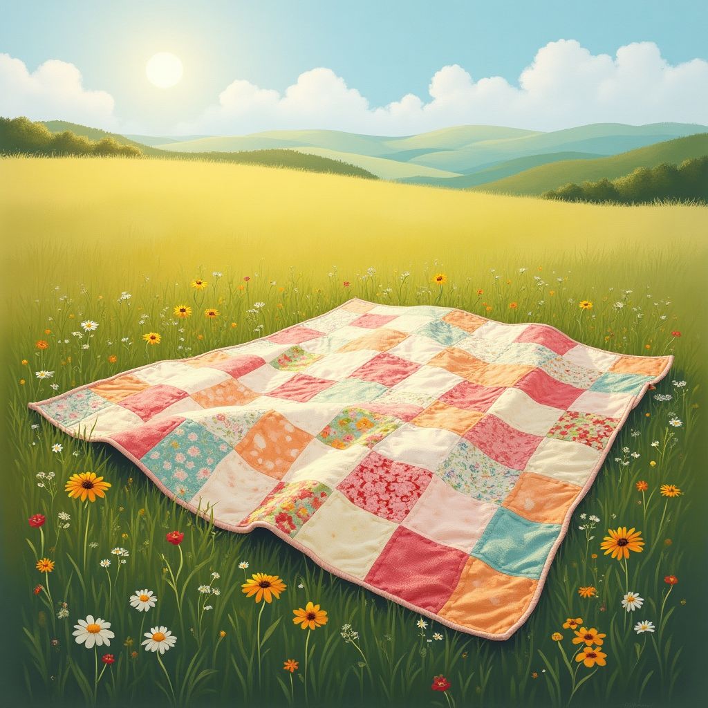 A patchwork quilt spread on a summer meadow, soft painterly style, warm light, dreamy