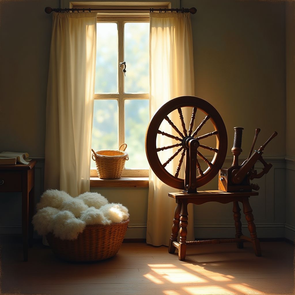 An old spinning wheel by a window with a basket of fleece, soft painterly style, warm light, dreamy