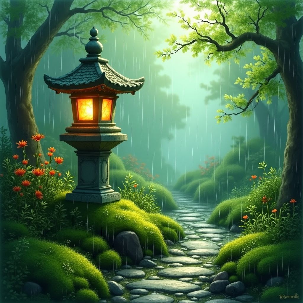 A moss garden with a stone lantern after rain, soft green light, watercolour
