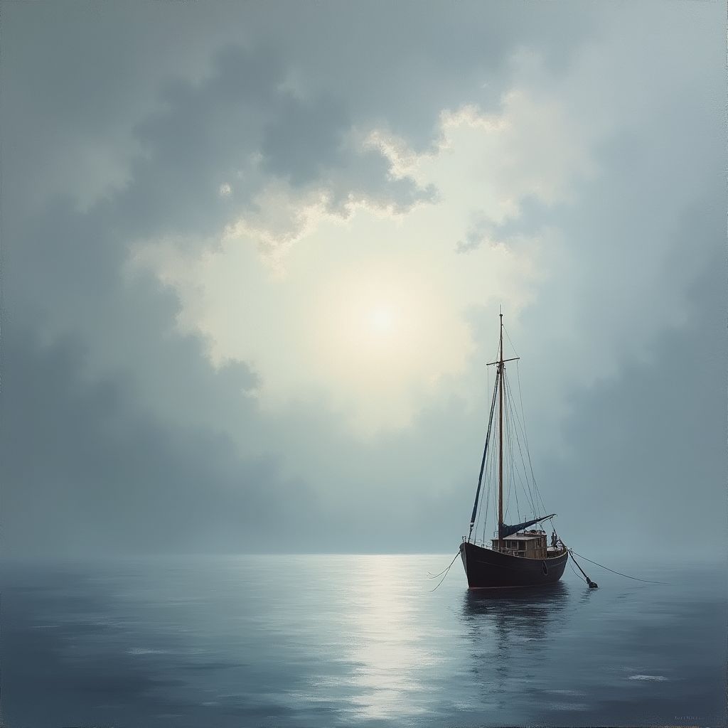 A slate grey northern sea under low cloud, fishing boat, quiet painting