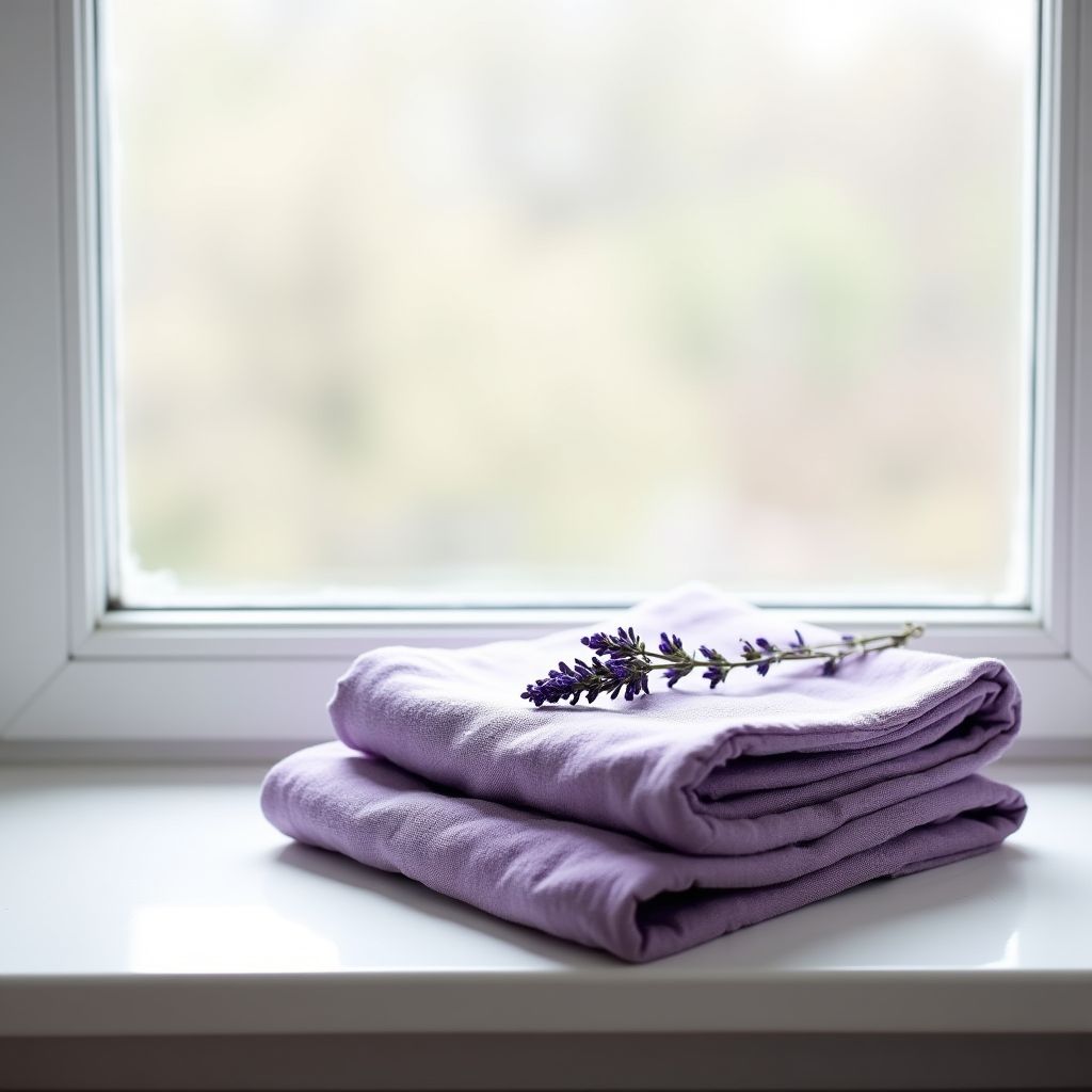 Folded lavender linen and a sprig of lavender on a white windowsill, soft morning light, minimal