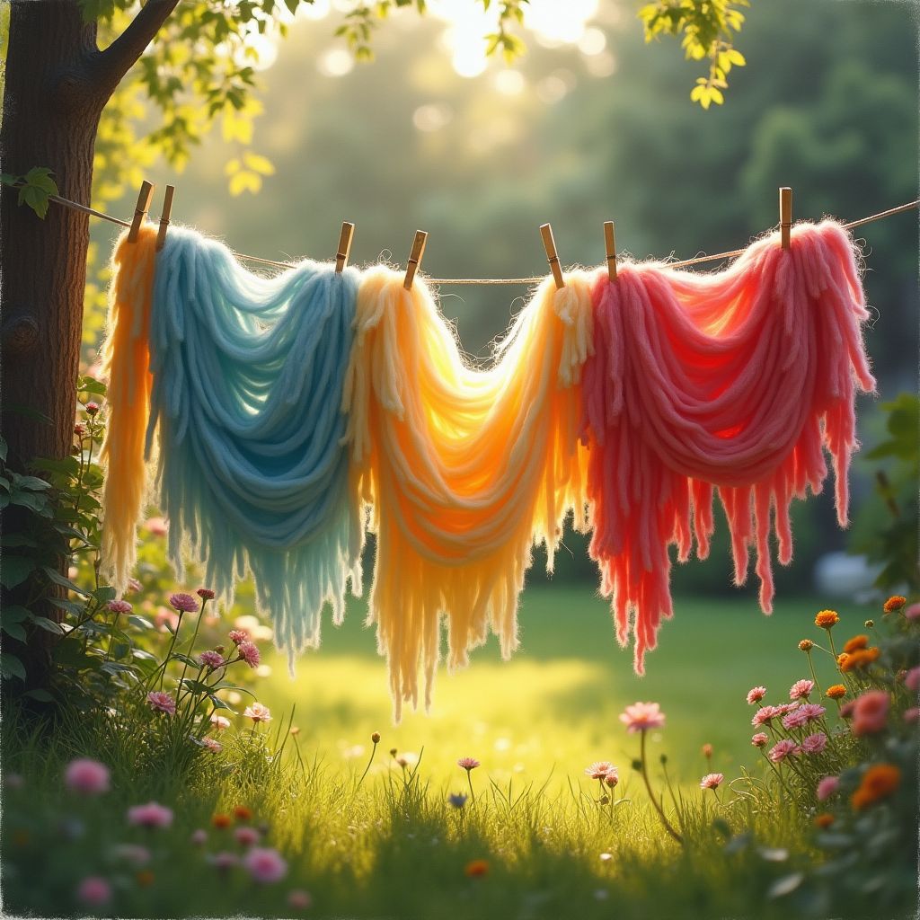 Freshly dyed wool drying on a line in a garden, soft painterly style, warm light, dreamy