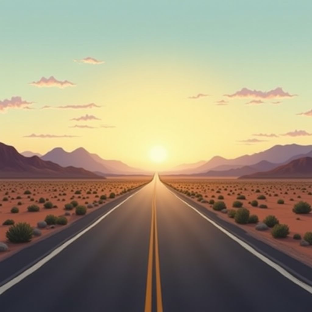 An empty desert highway at dawn, mountains on the horizon, soft painterly style, warm light, dreamy
