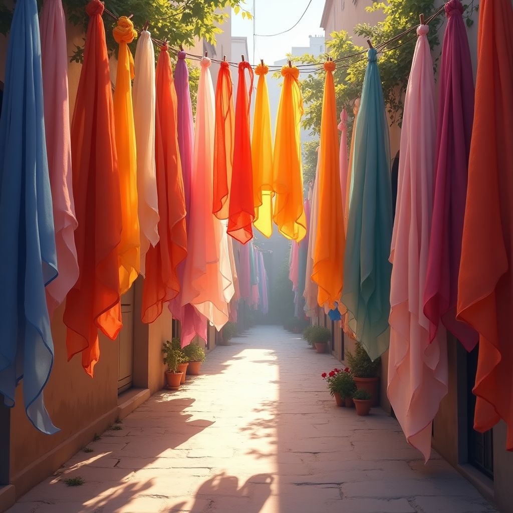 Silk scarves in every colour hanging in a bazaar, soft painterly style, warm light, dreamy