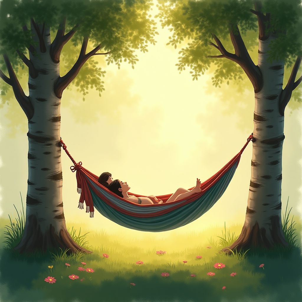 A hammock strung between two birches in dappled light, soft painterly style, warm light, dreamy