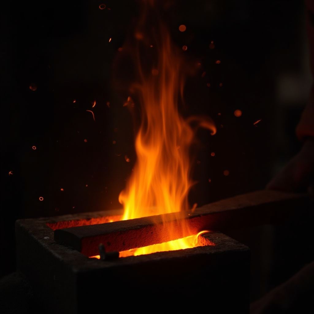 Embers glowing in a blacksmith forge, dark workshop, warm orange light