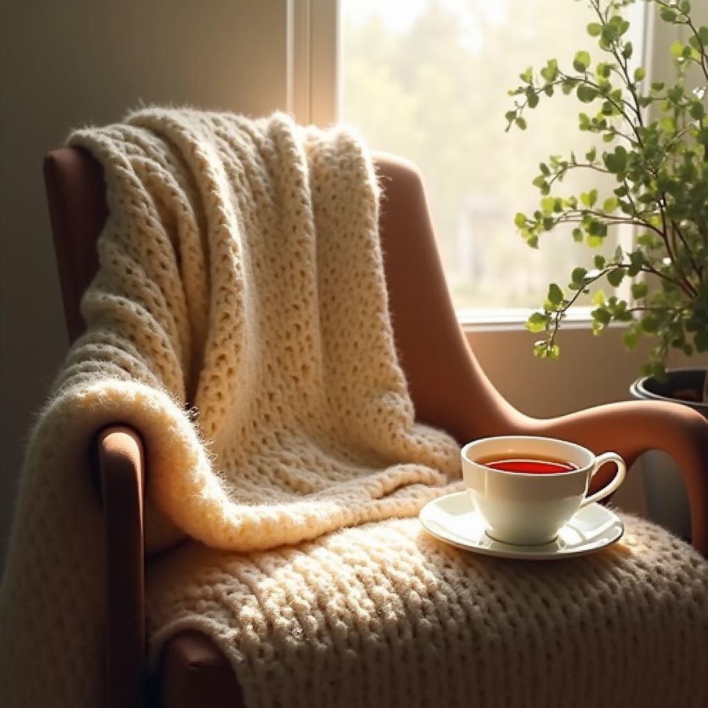 A knitted sweater on a chair beside a cup of tea, soft painterly style, warm light, dreamy