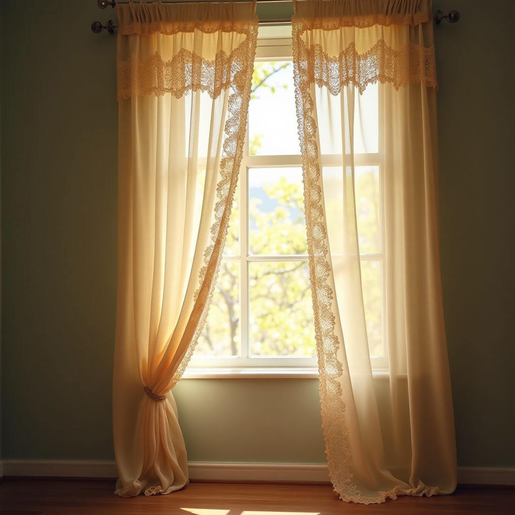 A lace curtain blowing in an open window, soft light, soft painterly style, warm light, dreamy
