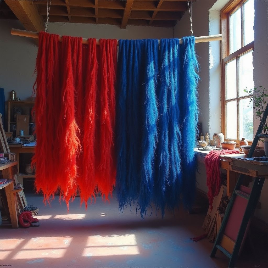 Hand-dyed wool skeins in madder red and deep indigo hanging in a sunlit workshop, oil painting