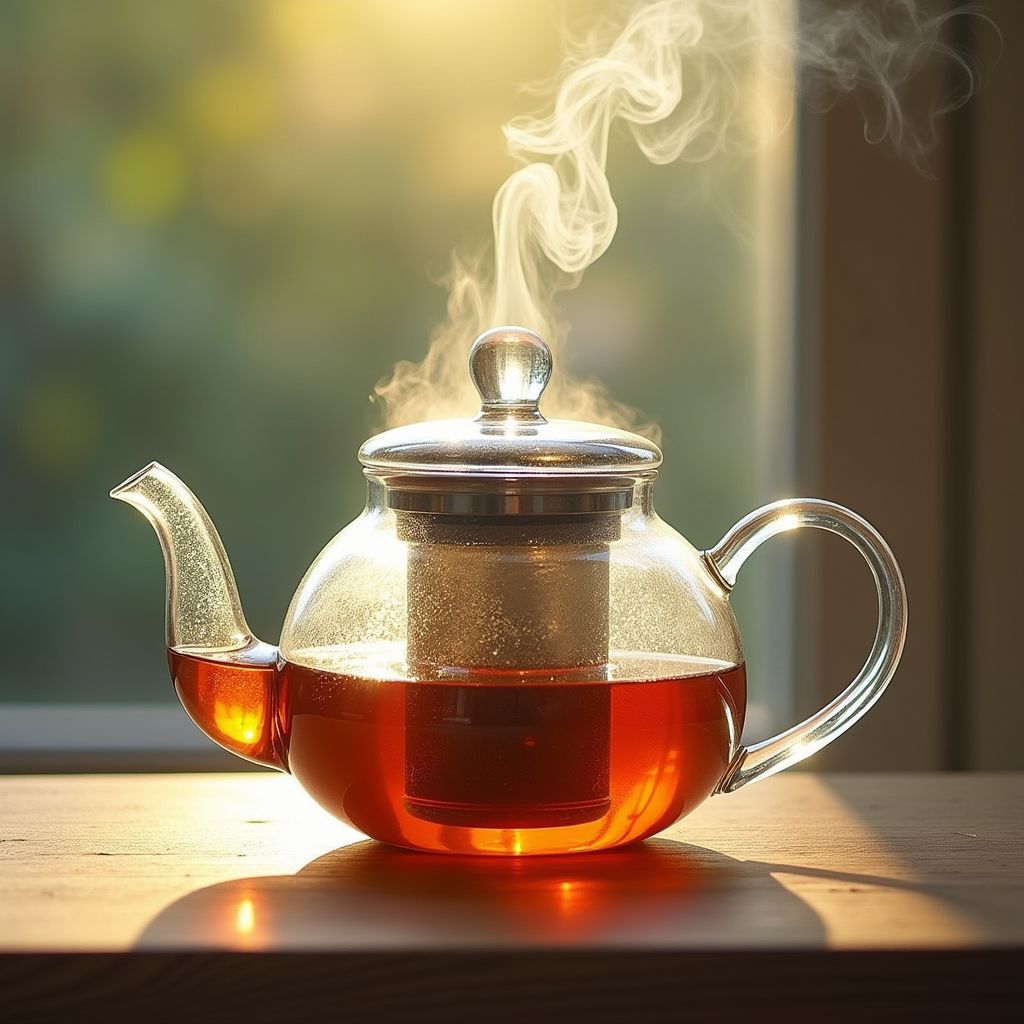 A glass teapot with steam rising, on a wooden table, soft painterly style, warm light, dreamy