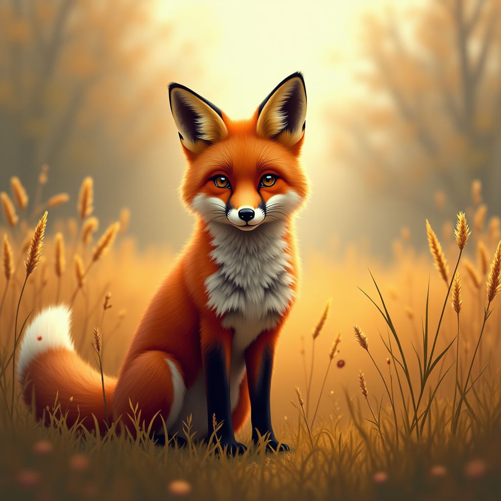 A red fox standing in tall grass, looking at the camera, soft painterly style, warm light, dreamy