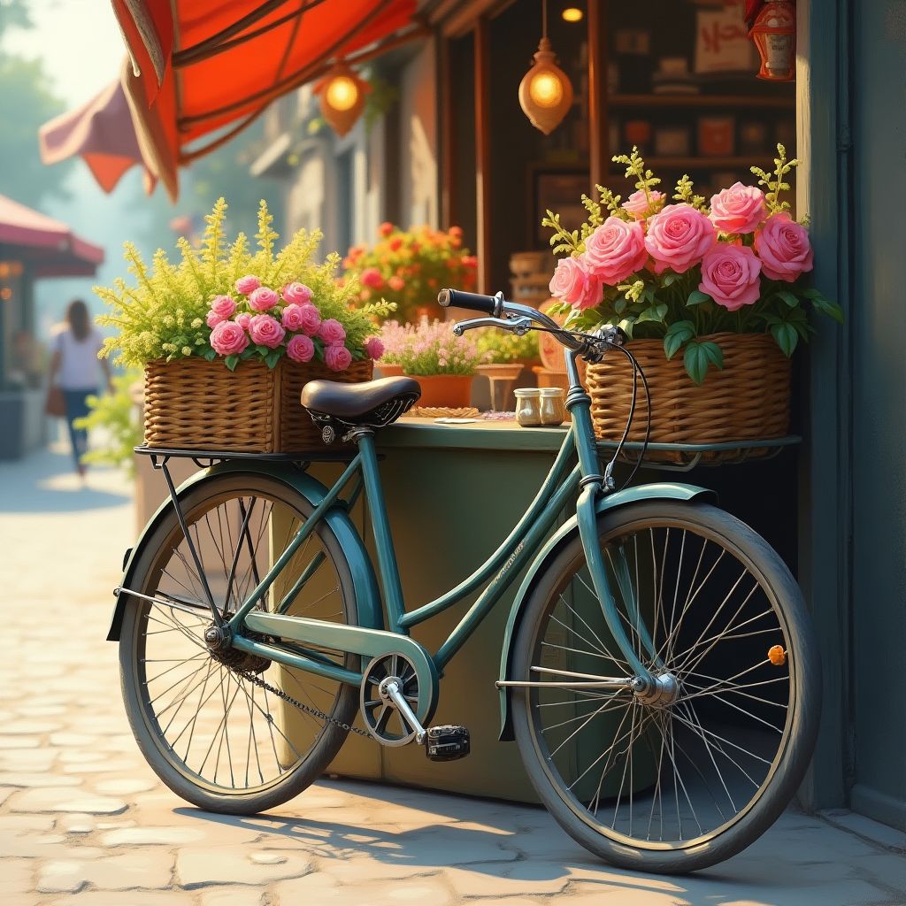A vintage bicycle leaning on a stall at a flower market, soft painterly style, warm light, dreamy